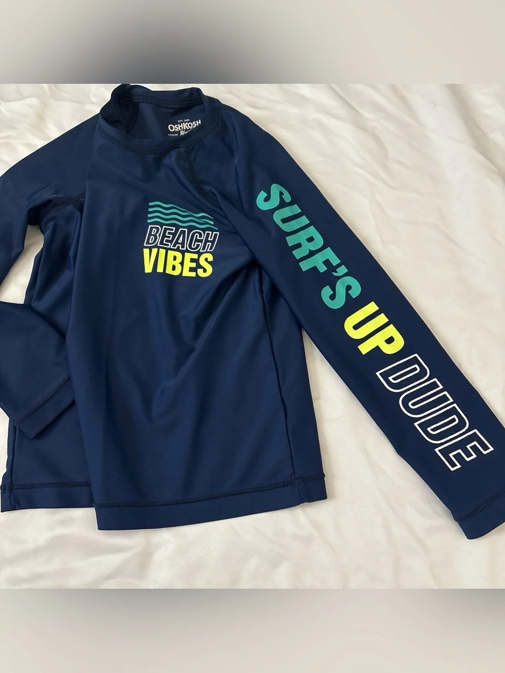 OshKosh B'gosh Navy Long-Sleeve Rash Guard with Teal and Neon Yellow Accents